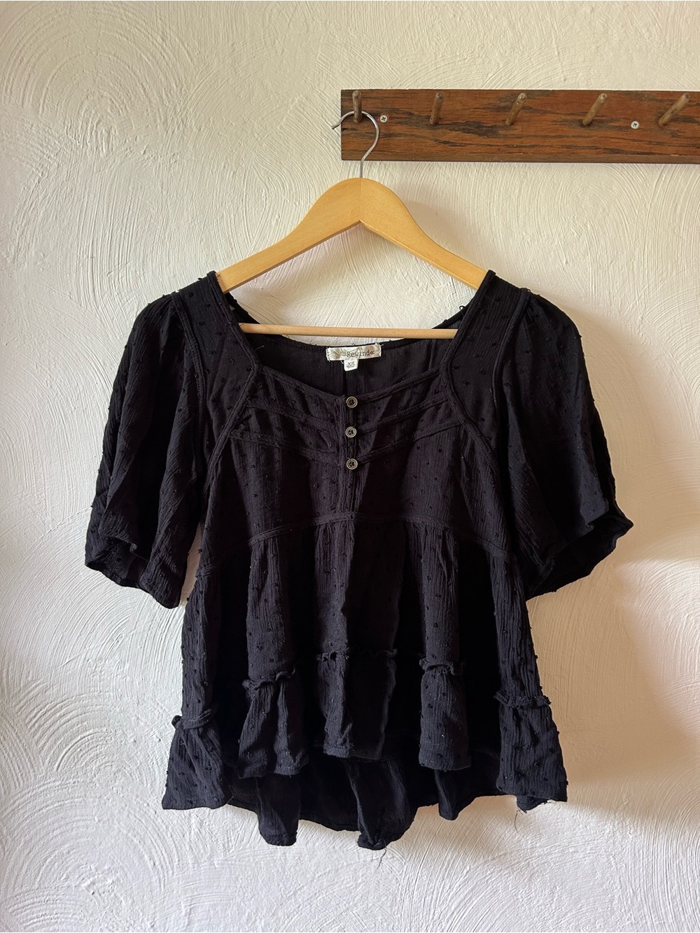 Rewind Black Textured Peasant Blouse with Button Placket